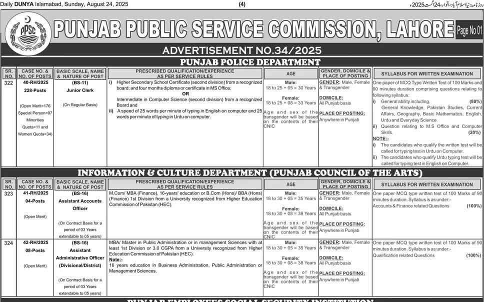 ppsc junior clerk jobs advertisement